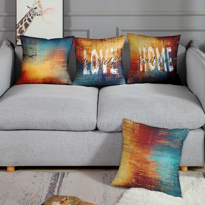 Emvency Set of 4 Blue and Orange Throw Pillow Covers Vintage Messy Rust Home Sweet Home Love Yourself Abstract Painting Outdoor Pillow Cases Decor Standard Square 20x20 Inches Pillowcases