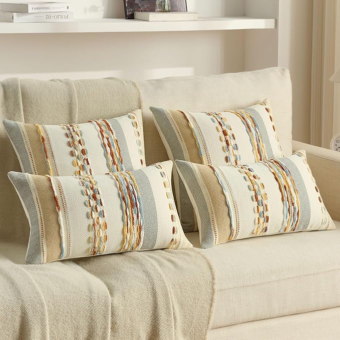 FUTEI Rust Blue Yellow Decorative Throw Pillow Covers 12x20 Inch Set of 2, Soft Tufted Striped Textured Accent Pillow Case,Boho Pillows for Couch Decor