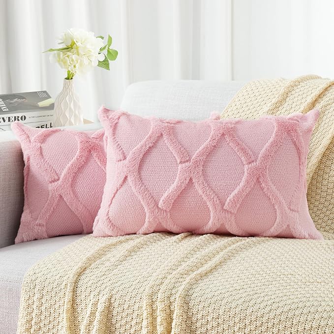 decorUhome Spring Throw Pillow Covers 12x20 Inch Set of 2, Soft Plush Faux Fur Wool Lumbar Blush Pink Accent Couch Pillow Covers for Modern Farmhouse Bed Sofa Living Room