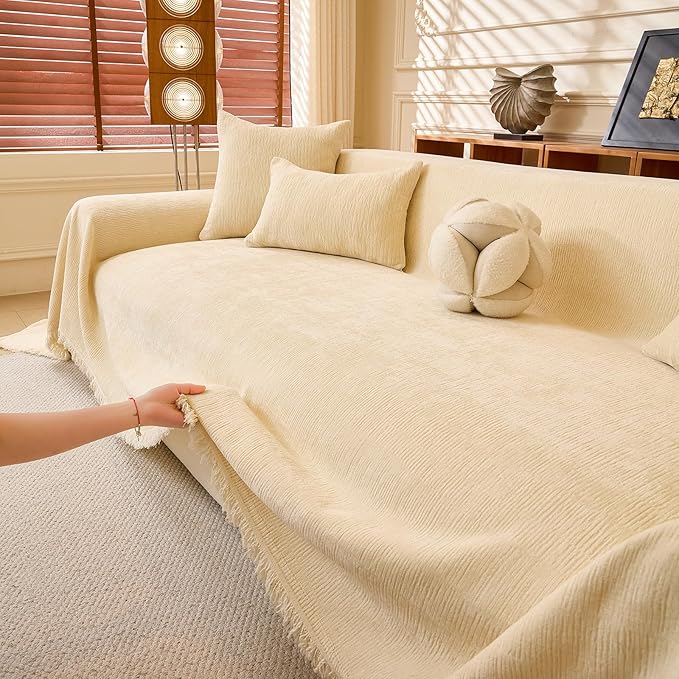 ROOMLIFE Sofa Cover, Boho Couch Cover for 3 Cushion Sofa, Non Slip Chenille Sofa Slipcovers for Dog, Washable Furniture Sofa Protector Cover with Tassel for Living Room, 71''X118”