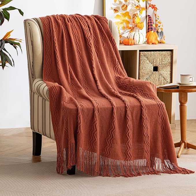 MIULEE Rust Knitted Throw Blanket for Couch Terracotta Boho Textured Cozy Woven Rustic Blanket with Tassels for Sofa Chair Bed Living Room Farmhouse Decor Acrylic Wave Pattern 50"x60"
