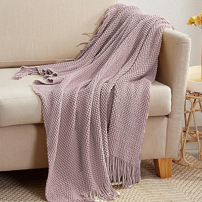 LOMAO Knitted Throw Blanket with Tassels Bubble Textured Lightweight Throws for Couch Cover Home Decor (Brownish Pink, 50x60)