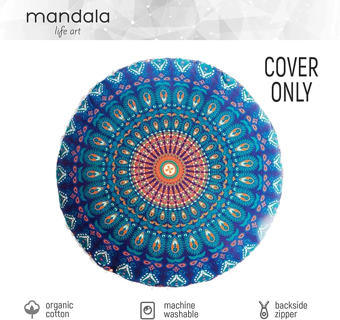 Mandala Life ART Bohemian Yoga Décor Floor Cushion Cover - Round Mediation Pillow Case - Hand Printed Organic Cotton Pouf (Pouf Cover 30", Blue Peacock)