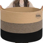 INDRESSME 115L Extra Large Blanket Basket for Apartment Décor, Woven Baby Laundry Hamper Shoe Basekts for Entryway, Wicker Storage Basket for Organizing, Camel Mix & Black