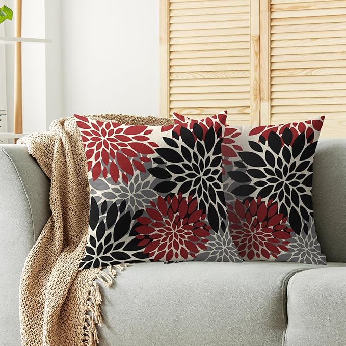 Black Red Pillow Covers 24X24 Inch Set of 2, Spring Summer Floral Dahlia Flower Cream Decorative Throw Pillow Covers Outdoor Modern Farmhouse Cushion Case for Home Couch Sofa Bed Decor