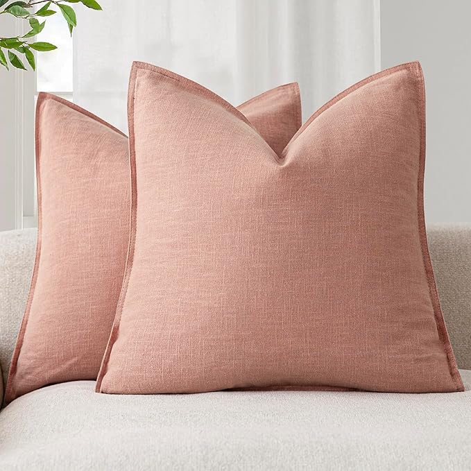 Foindtower Pack of 2, Decorative Linen Soild Throw Pillow Covers Soft Accent Euro Cushion Case Boho Farmhouse Pillowcase for Chair Couch Sofa Bedroom Living Room Home Decor 22 x 22 Inch Coral Pink