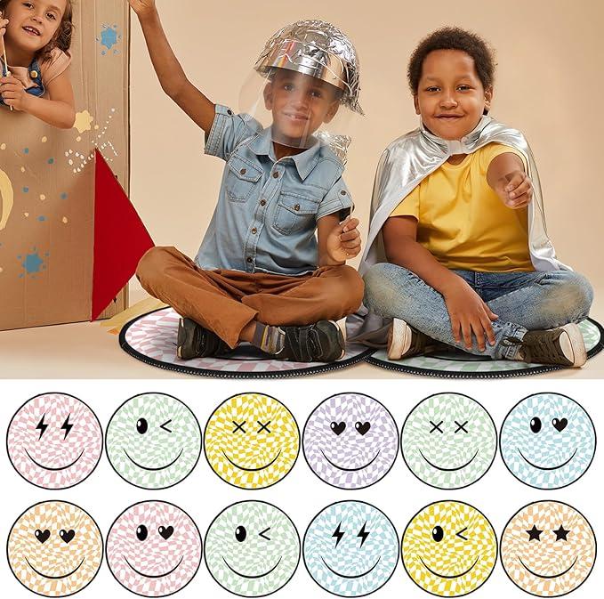 Tinideya 12 Pcs Kids Carpet Circle Seats for Class 16 Inch Round Classroom Rug Floor Cushions Soft First Day of School Educational Mat Non Slip Back to School Learning Playing Areas(Smile)