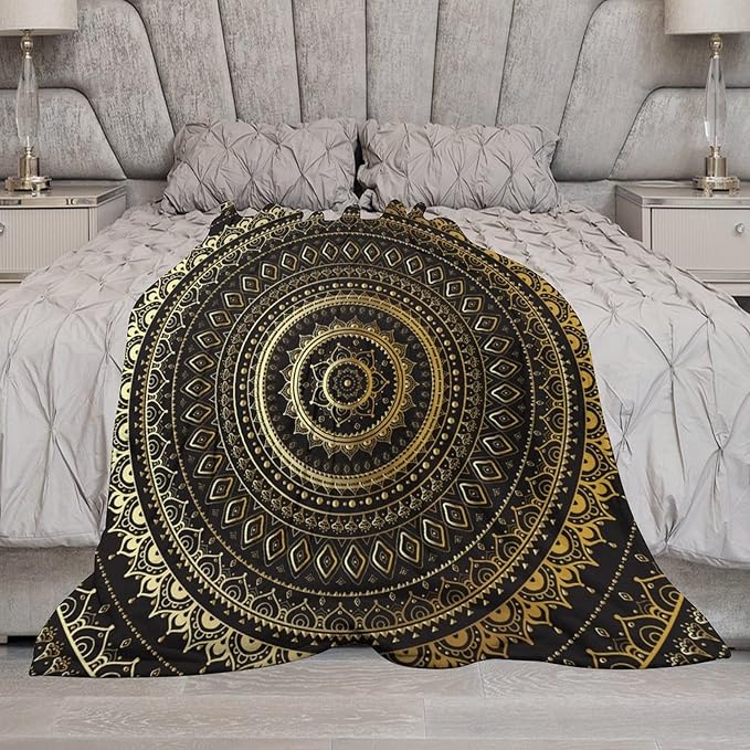 Black Gold Mandala Throw Blanket Boho Indian Hippie Vintage Abstract Bohemian Flower Blanket for Sofa Bed Couch Chair Or Dorm 50"x60"