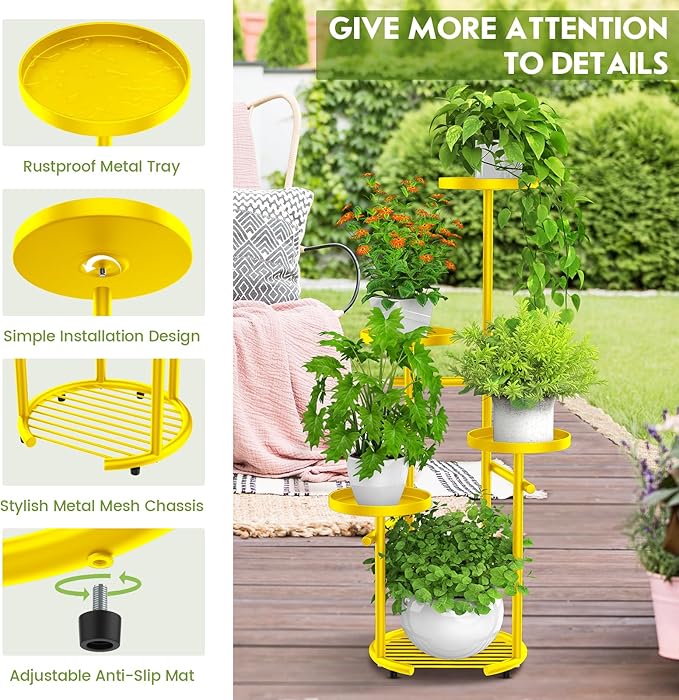 TOSKING 5-Tier Metal Plant Stand, Anti-Tip Round Base for Pots, Child & Pet Friendly, Space Saving Corner Shelf Flower Pot for Indoor Outdoor Use, Living Room Balcony Garden Patio Bedroom (Yellow, 38in)