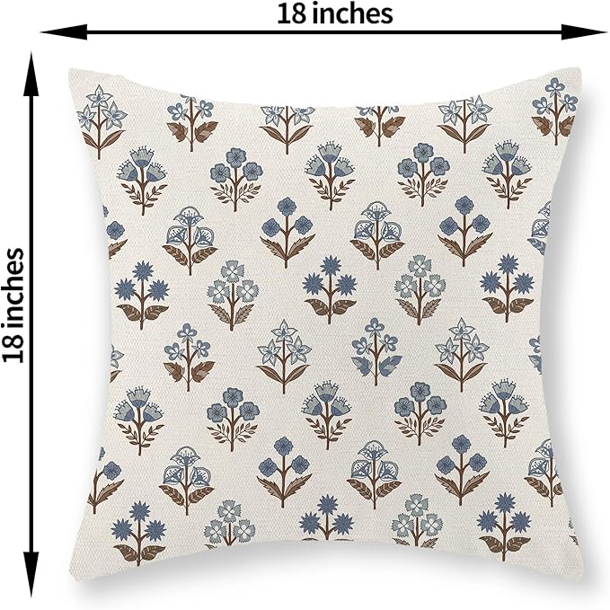 Brown Blue Pillow Covers 18x18 Set of 2 Boho Block Print Floral Pillow Cases Vintage Flower Pattern Decorative Throw Pillows Linen Outdoor Decor Farmhouse Cushion Cover for Couch Sofa Bed