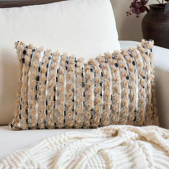 Aeckself Handmade Boho Chenille Tufted Pillow Cover 12x20 Inch, Rectangle Decorative Lumbar Throw Pillow Cover Neutral Pillowcase for Couch Bedroom Living Room, Brown Blue