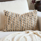 Aeckself Handmade Boho Chenille Tufted Pillow Cover 12x20 Inch, Rectangle Decorative Lumbar Throw Pillow Cover Neutral Pillowcase for Couch Bedroom Living Room, Brown Blue