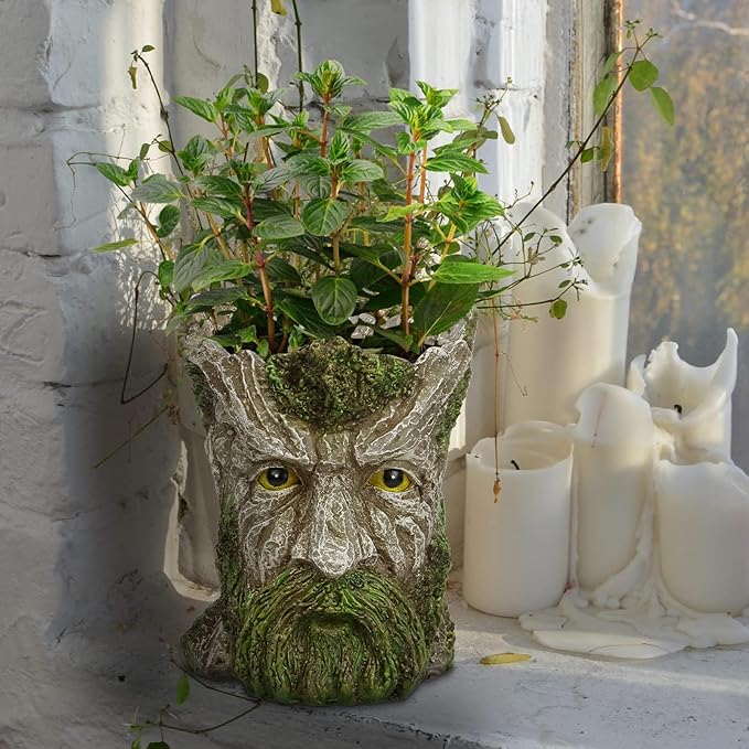 Face Planter - Unique Old Man Tree Face Planters for Outdoor Indoor Plants with Drainage Hole, Funny Plant Pots for Succulents - Creative Flower Pots as Gifts for Women and Men (Green Man)
