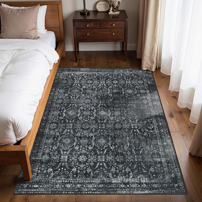 4x6 Rug for Living Room Bedroom, Black Washable Throw Rugs, Vintage Retro Boho Area Rugs, Non Slip & Low Pile Accent Throw Carpet for Indoor Dining Room, Kids Room and Office(Black 4x6ft)