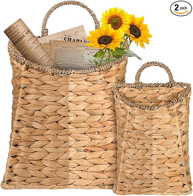 2 Pack Woven Hanging Wall Basket for Front Door 10.2'' + 8.2'' Water Hyacinth Basket for Flowers Handmade Hanging Wicker Baskets Boho Wall Mount Storage Organize for Home Door Shelves Walls