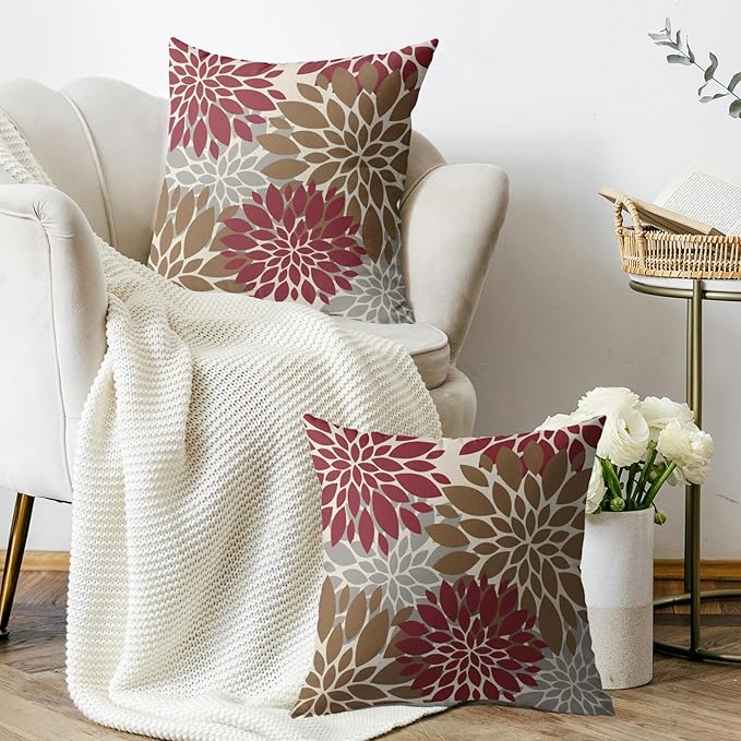 Brown Red Pillow Covers 16X16 Inch Set of 2, Dahlia Flower Spring Summer Floral Cream Decorative Throw Pillow Covers Outdoor Modern Farmhouse Cushion Case for Home Couch Sofa Bed Decor