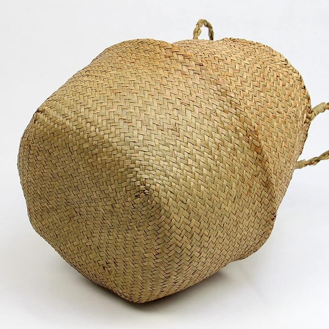Casaphoria Woven Seagrass Belly Basket for Storage Plant Pot Indoor,Decorative Sturdy and Durable Natural Material Sea Grass Baskets with Handles,Seaweed Round Basket for Organizing(Large)