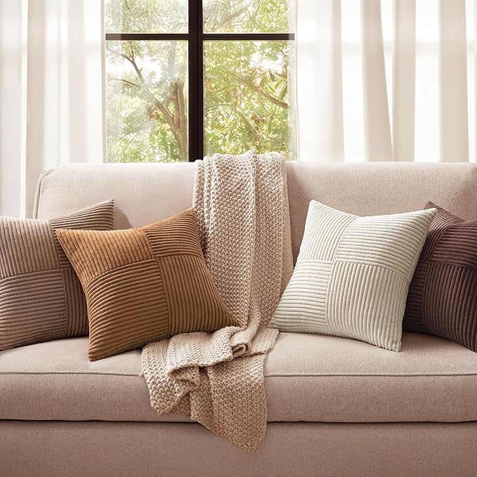 MIULEE Brown Throw Pillow Covers 16x16 Inch Set of 4 Boho Farmhouse Cushion Cases Neutral Gradient Corduroy Pillow Cases with Invisible Zipper Patchwork Home Decor for Couch Sofa Bed