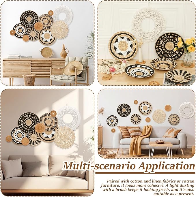 HJJWNDDNG 11 Pack Boho Wall Basket Decor Set, Hanging Woven Seagrass Rattan Wicker Boho Wall Decor, Round Farmhouse Wall Hanging Baskets Rustic Flat Wall Art for Living Room Bedroom Kitchen (Style 6)