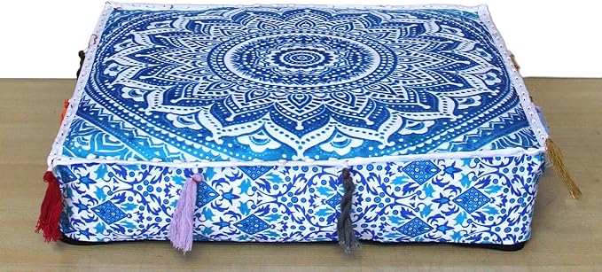 ICC Large Square Cotton Mandala Cushion Cover Hippie Ottoman Pouf Cover Daybed Floor Pillow Cover with Heavy Duty Zipper Seating Ottoman Poufs Dog-Pets Bed (Blue Ombre, 18" Square)