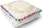 CRAFT KALA 24" Square Large Hippie Mandala Meditation Floor Ottoman Pillow Cushion Pouf Cover Square Poufs Bohemian Circle Floor Cushion Case Outdoor Fireplace Living Decor Cover White Gold Flower