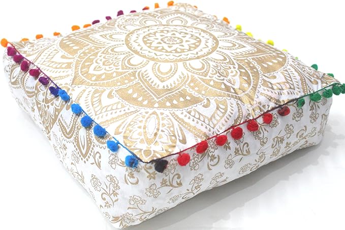 CRAFT KALA 16" Square Large Hippie Mandala Meditation Floor Ottoman Pillow Cushion Pouf Cover Square Poufs Bohemian Circle Floor Cushion Case Outdoor Fireplace Living Decor Cover White Gold Flower