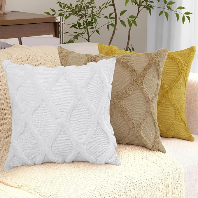 decorUhome Spring Euro Sham Throw Pillow Covers 24x24 Inch Set of 2, Soft Plush Faux Fur Wool Khaki Accent Couch Pillow Covers for Modern Farmhouse Bed Sofa Living Room