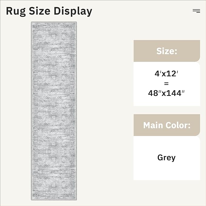 4x12 Wide Hallway Runners: Washable 12ft Runner Rug for Entryway Living Room Soft Vintage Non Slip Carpet Runner for Kitchen Dining Room Nursery Bedroom (Grey, 4x12ft)