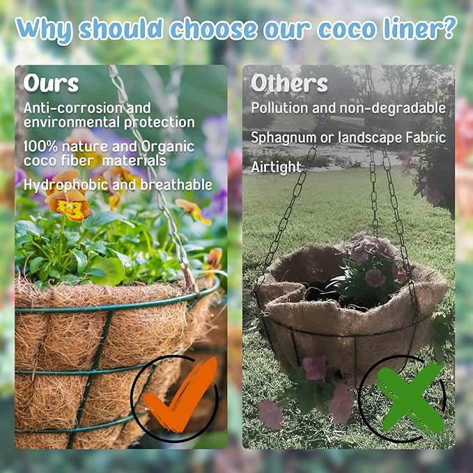 Legigo 3 Pack 8 Inch Hanging Basket Coco Liners Replacement, 100% Natural Round Coconut Coco Fiber Planter Basket Liners for Hanging Basket Flowers/Vegetables
