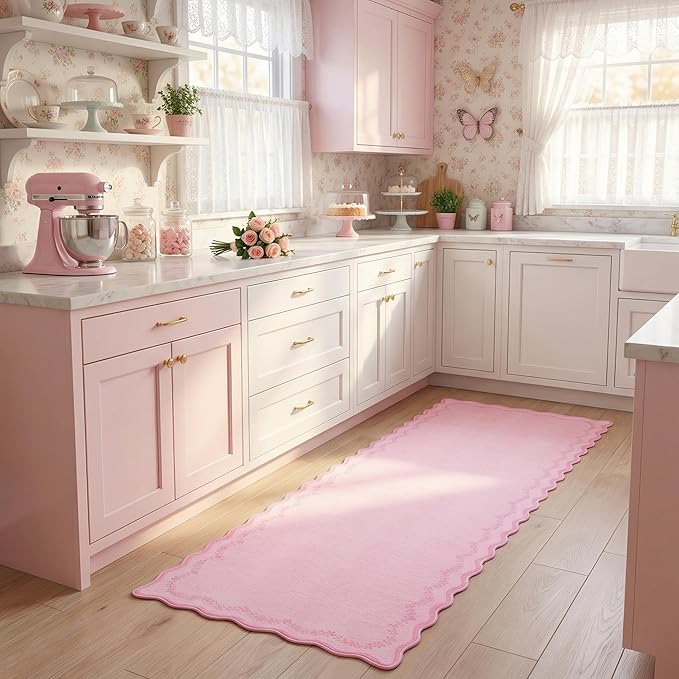 GarveeHome 2x6 Valentines Scalloped Washable Runner Rug for Girls Bedroom, Soft Pink Hallway Runner Non Slip Entryway Rug Farmhouse Thin Laundry Mat Stain Resistant Carpet for Kirchen Bathroom Rug