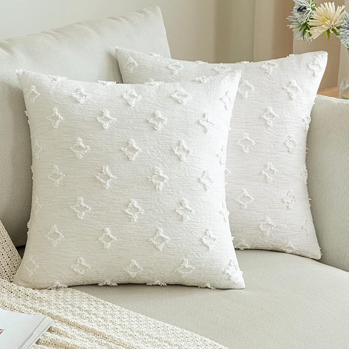 ANRODUO Pack of 2 White Floral Decorative Throw Pillow Covers with Tufted Rhombic Jacquard for Room Decor Boho Pillow Covers 16x16 Cute and Soft Pillowcase for Couch Sofa and Living Room Fall Decor