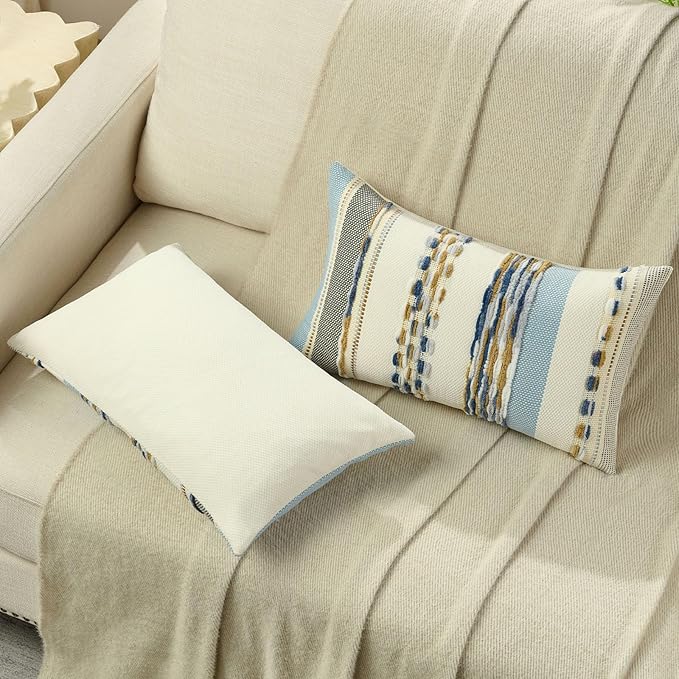 FUTEI Navy Brown Decorative Throw Pillow Covers 12x20 Inch Set of 2, Soft Tufted Striped Textured Accent Pillow Case,Boho Pillows for Couch Decor