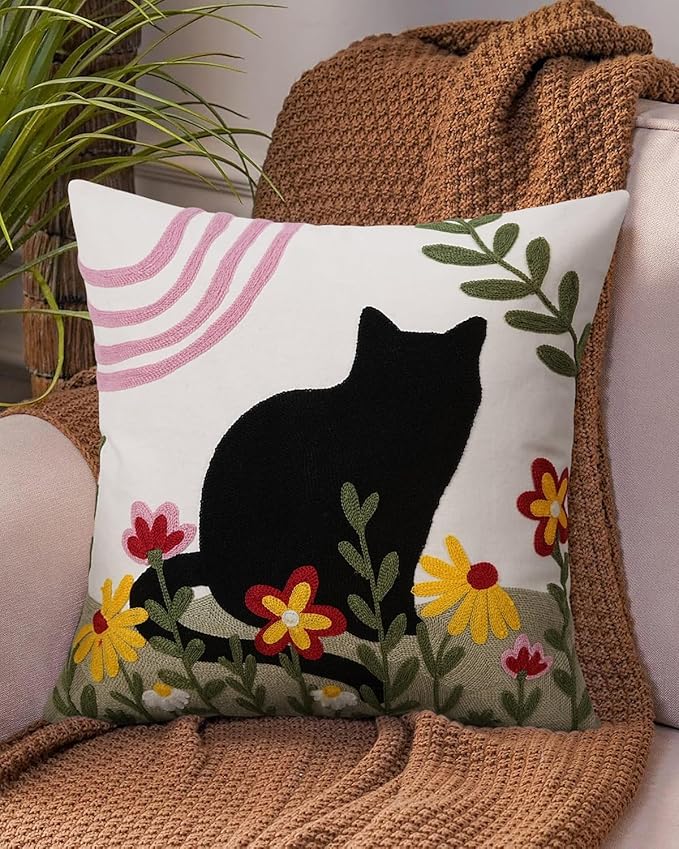 JASEN Embroidered Cat Throw Pillow Cover 18x18 Inch - Decorative Cotton Pillow Case for Couch, Sofa, Bedroom, Living Room - Farmhouse Home Aesthetic Housewarming Gifts