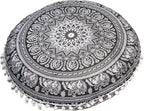 CRAFT KALA Round Mandala Boho Pillow Cover Meditation India Room Seating Poufs Cover for Living Room Yoga Home Décor Bedroom Balcony Garden Decoration Cotton Floor Cushion Cover 32", B & W Elephant