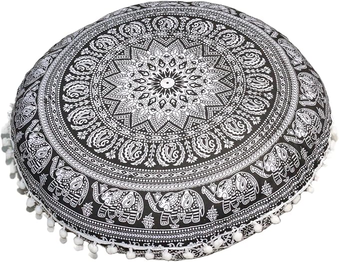 CRAFT KALA Round Mandala Boho Pillow Cover Meditation India Room Seating Poufs Cover for Living Room Yoga Home Décor Bedroom Balcony Garden Decoration Cotton Floor Cushion Cover 32", B & W Elephant