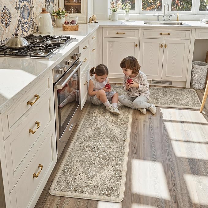 KIMODE Kitchen Mat for Floor Cushioned Anti Fatigue, Boho Vintage Kitchen Rugs Sets of 2, Non Slip Waterproof Kitchen Floor Mats, Comfort Standing Mats for Sink Laundry Desk Khaki 20"x59"+20"x32"