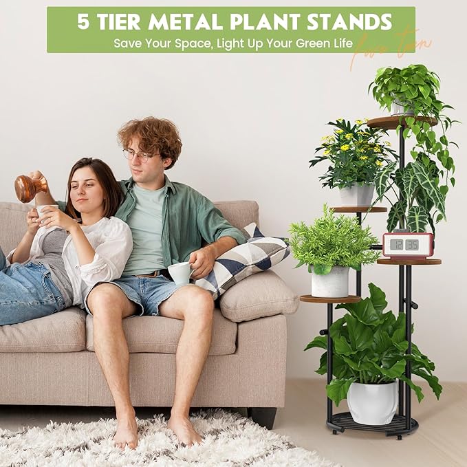 TOSKING 5 Tier Thickened Metal Plant Stand Indoor,Plant Shelf, Corner Shelf, Flower Pot Stand for Multiple Plants, Indoor Plants Tiered Stand for Living Room Balcony Garden Patio Bedroom (Black and Brown, 42in)