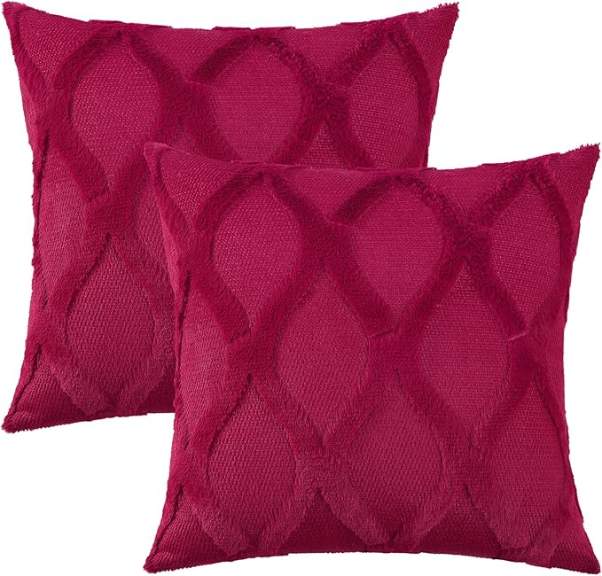 decorUhome Spring Euro Sham Throw Pillow Covers 26x26 Inch Set of 2, Soft Plush Faux Fur Wool Burgundy Accent Couch Pillow Covers for Modern Farmhouse Bed Sofa Living Room