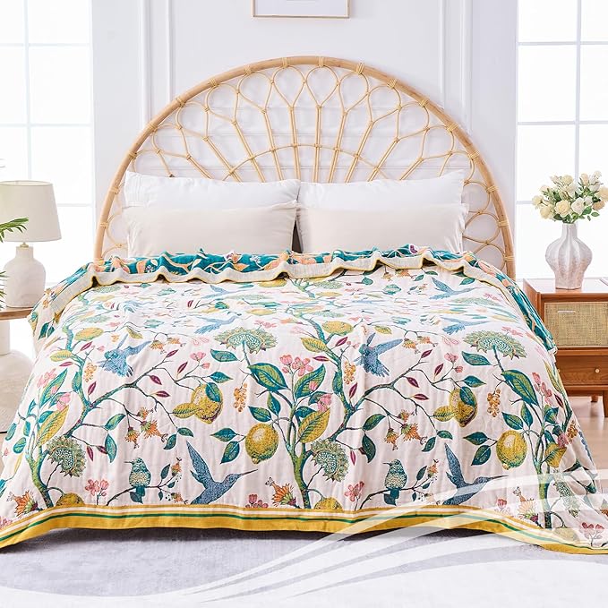 Boho Throw Blanket for Bed - 100% Cotton Ultra Soft Luxury Throw Rustic Fall Quilt,Bird Printed Farmhouse Decor Bed Blankets,Throw for Living Room Sofa Couch Chair(Flower-Bird, 87" x 102")