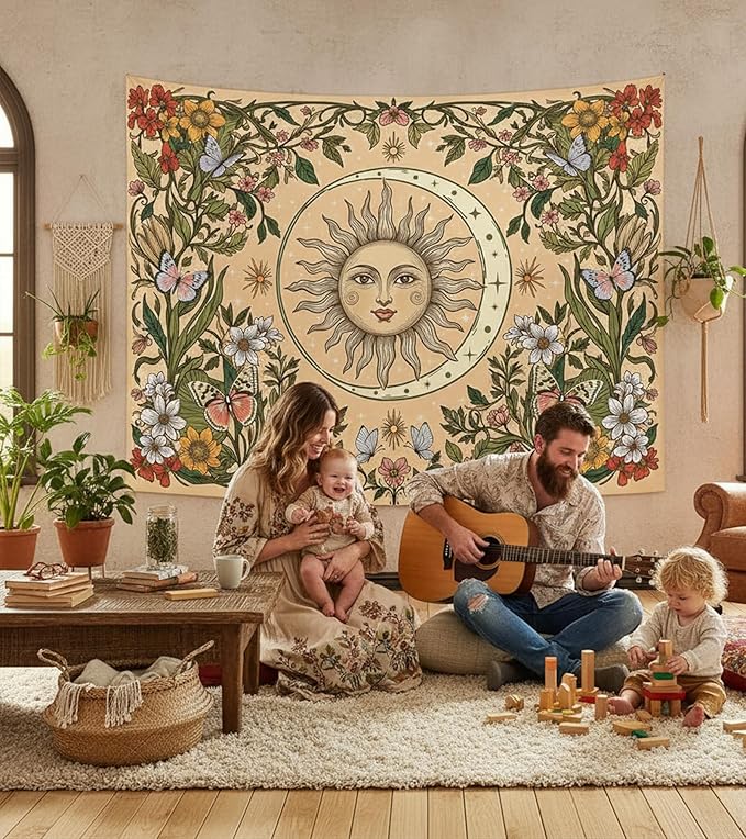 Accnicc Boho Sun and Moon Tapestry Vintage Floral Wall Tapestry for Bedroom Aesthetic Beige Celestial Plant Flower Butterfly Small Tapestries Wall Hanging for Living Room Dorm 48 x 36 Inch
