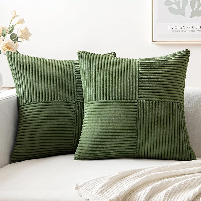 MIULEE Moss Green Decorative Throw Pillow Covers 16x16 Inch for Couch Bed Sofa Spring Decor Pack of 2 Boho Farmhouse Throw Pillows Soft Cross Corduroy Patchwork Textured Cushion Cases