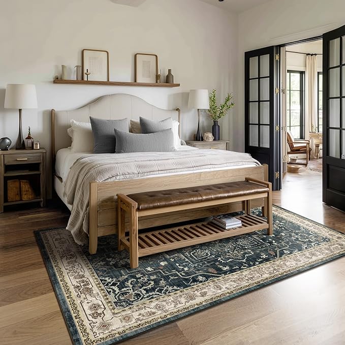 Distressed Vintage 5x7 Area Rugs for Living Room Bedroom Non Slip Washable, Medallion Pattern Printed Low Pile Farmhouse Carpet Rugs for Dining Room/Kitchen/Home Office, Midnight/Multi