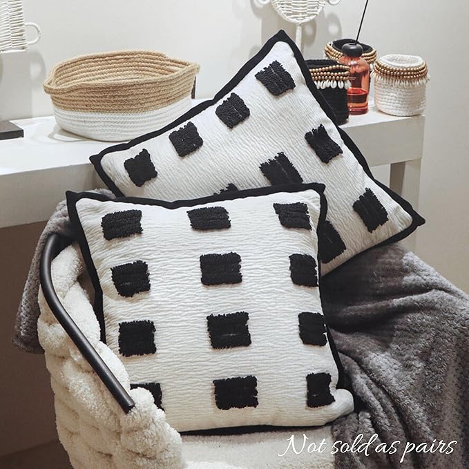 Tufted Decorative Boho Black and White Throw Pillow Cover, 18x18 inches, Soft and Luxurious Chenille Fabric, Elegant Design, Cushion Covers for Couch, Bedroom, Living Room, Home Decor