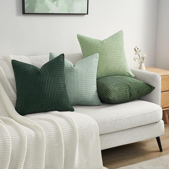 Topfinel Boho SageGreen Throw Pillow Covers for Couch Living Room,Summer Green Cushion Covers Room Decorative Fluffy Corduroy,Nordic Cushion Cover 18x18 Inch Set of 4 (Green/LightGreen/OliveGreen)