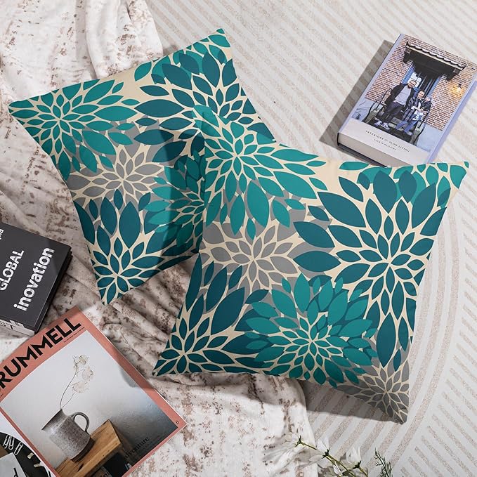 Teal Grey Gray Pillow Covers 22X22 Inch Set of 2, Modern Dahlia Floral Print Decorative Throw Pillow Covers Outdoor Farmhouse Cushion Case for Home Couch Sofa Bed Decoration