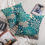 Teal Grey Gray Pillow Covers 18X18 Inch Set of 2, Spring Modern Geometry Dahlia Floral Print Decorative Throw Pillow Covers Outdoor Farmhouse Cushion Case for Couch Sofa Bed Decor