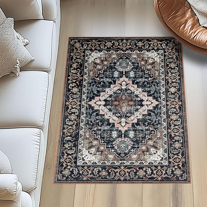 Lessymo 3 x 5 Area Rugs for Living Room,Machine Washable Area Rugs Boho Faux Wool Low Pile Area Rug for Bedroom Floral Medallion Vintage Rugs with Non-Slip Rubber, Kid & Pet Friendly,Black Brown
