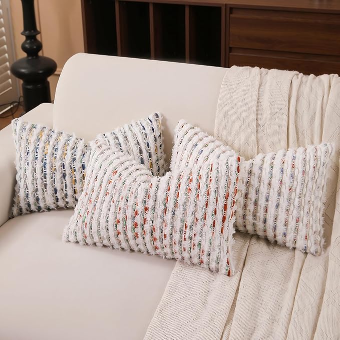Boho Lumbar Pillow Cover 12x20 Inch Pack of 1 Farmhouse Rectangle Decorative Couch Throw Pillow Cover Brown Green Chenille Tufted Striped Pillowcase for Living Room Sofa Bed