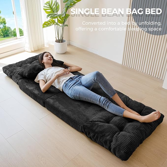 MAXYOYO Folding Sofa Bed, Tufted Bean Bag Bed with Pillows Floor Mattress for Adults, Extra Thick and Long Floor Sofa, Single Couch for Bedroom Living Room, Black, 30x91 Inch