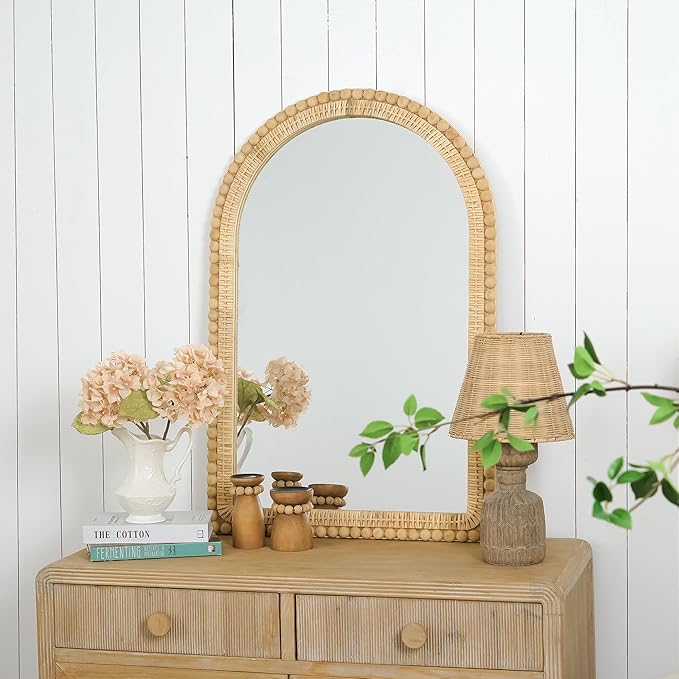 Arched Rattan Wall Mirror – 24x36 Inch Boho Elegance with Woven Frame and Wooden Bead Trim, Decorative Mirror for Bathroom Vanity Entryway Living Room